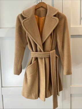 Vintage Womens Camel Belted Wool-Blend Wrap Coat
